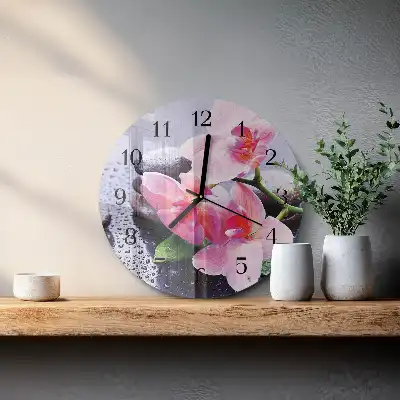 Kulaté skleněné hodiny na stěnu Orchidej