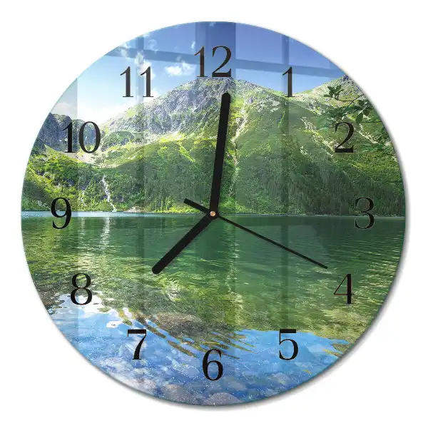 Hodiny s fotkou skleněné kulaté Horské jezero
