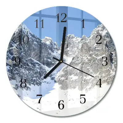 Nástěnné hodiny skleněné kulaté Hory v zimě