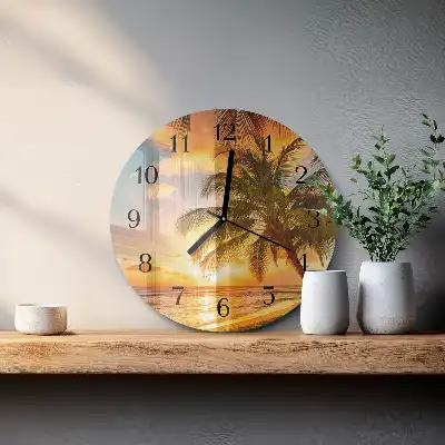 Kulaté skleněné hodiny na stěnu Západ slunce