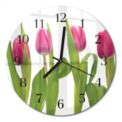 Kulaté skleněné hodiny na zeď Tulipány