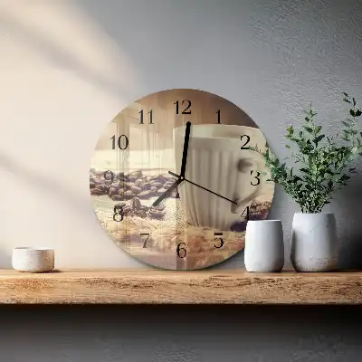Kulaté skleněné hodiny na stěnu Káva