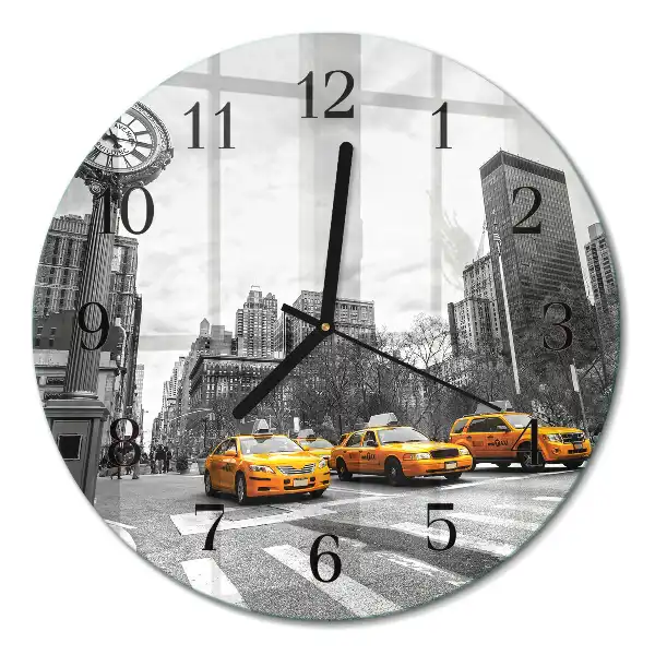 Kulaté skleněné hodiny na stěnu Taxi