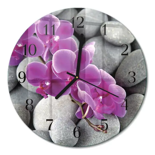 Kulaté skleněné hodiny na zeď Kameny a orchidej