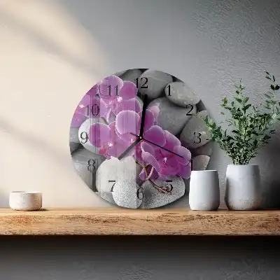 Kulaté skleněné hodiny na zeď Kameny a orchidej