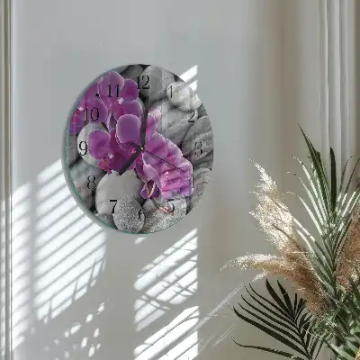 Kulaté skleněné hodiny na zeď Kameny a orchidej