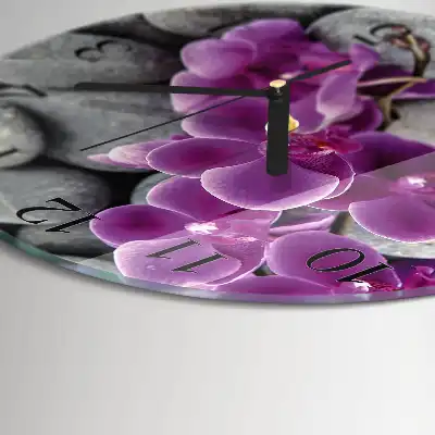 Kulaté skleněné hodiny na zeď Kameny a orchidej