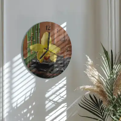 Hodiny na skle kulaté Bambusová orchidej