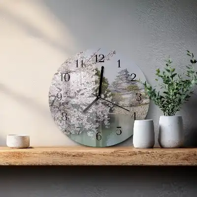 Kulaté skleněné hodiny na stěnu Třešně