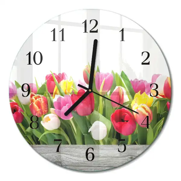 Hodiny s fotkou skleněné kulaté Tulipány