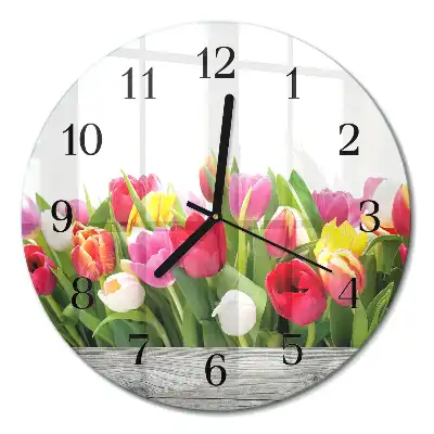 Hodiny s fotkou skleněné kulaté Tulipány