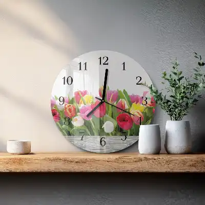 Hodiny s fotkou skleněné kulaté Tulipány