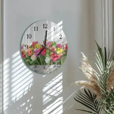Hodiny s fotkou skleněné kulaté Tulipány