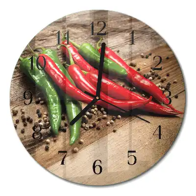 Kulaté skleněné hodiny na stěnu Chilli papričky