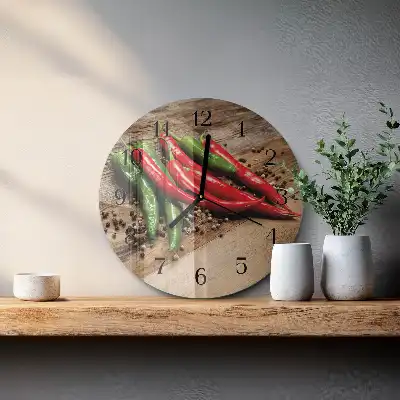 Kulaté skleněné hodiny na stěnu Chilli papričky