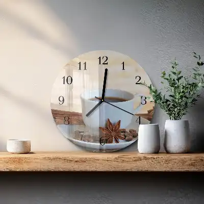 Kulaté skleněné hodiny na stěnu Káva