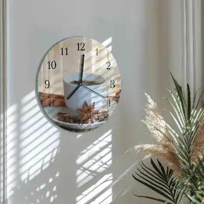 Kulaté skleněné hodiny na stěnu Káva
