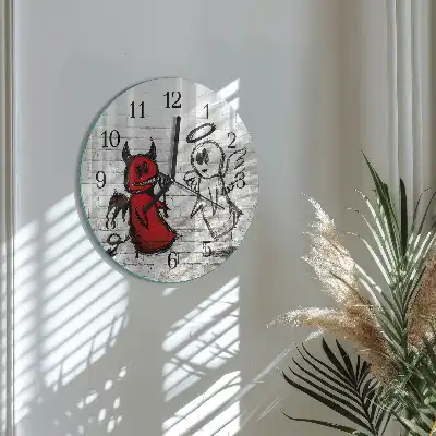 Hodiny na skle kulaté Anděl Ďábel