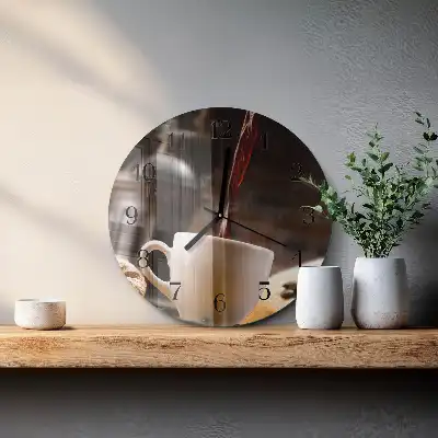 Kulaté skleněné hodiny na zeď Káva