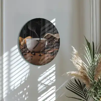 Kulaté skleněné hodiny na zeď Káva