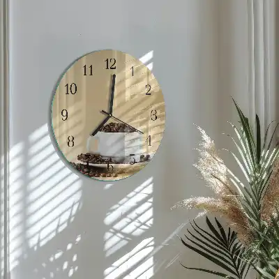 Kulaté skleněné hodiny na zeď Káva