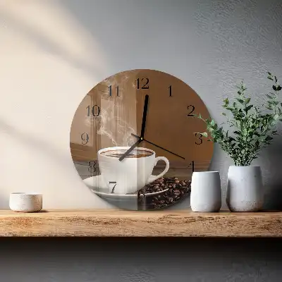 Kulaté skleněné hodiny na stěnu Káva