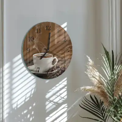 Kulaté skleněné hodiny na stěnu Káva