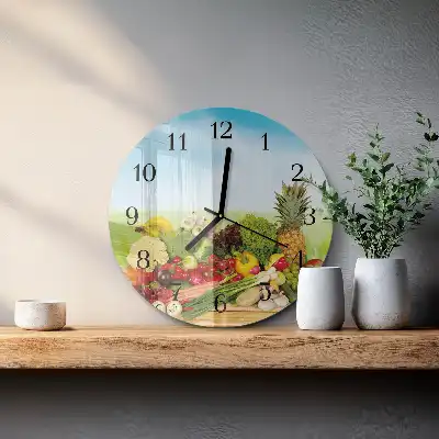 Hodiny s fotkou skleněné kulaté Zelenina Ovoce
