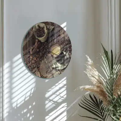 Kulaté skleněné hodiny na stěnu Káva