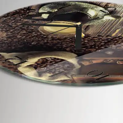 Kulaté skleněné hodiny na stěnu Káva