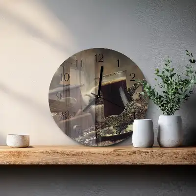 Hodiny s fotkou skleněné kulaté Káva