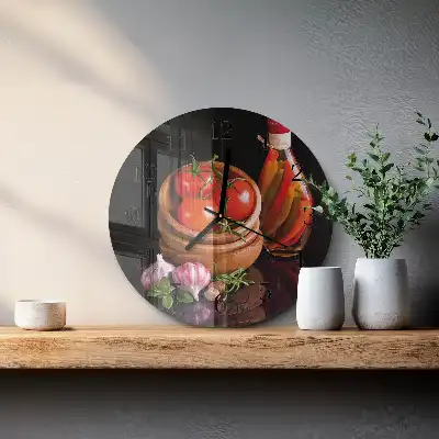 Hodiny s fotkou skleněné kulaté Rajčata a česnek