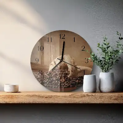 Kulaté skleněné hodiny na zeď Káva