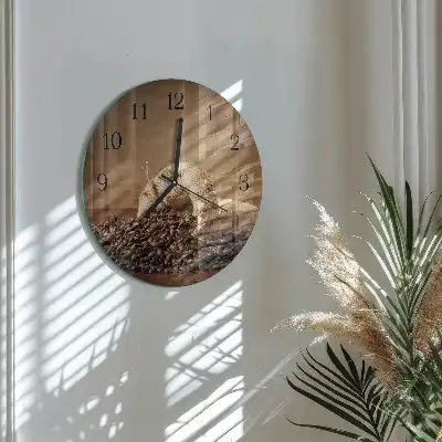 Kulaté skleněné hodiny na zeď Káva