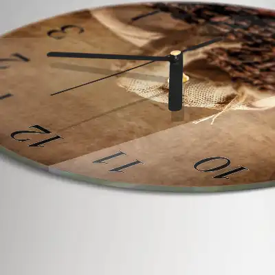 Kulaté skleněné hodiny na zeď Káva