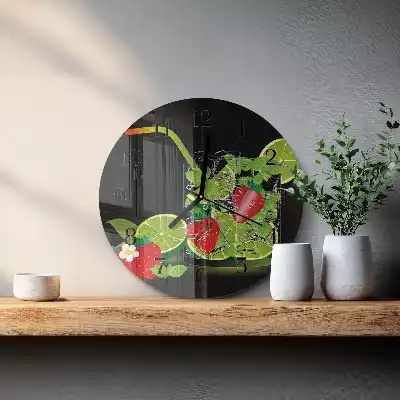 Nástěnné hodiny skleněné kulaté Jahoda a limetka