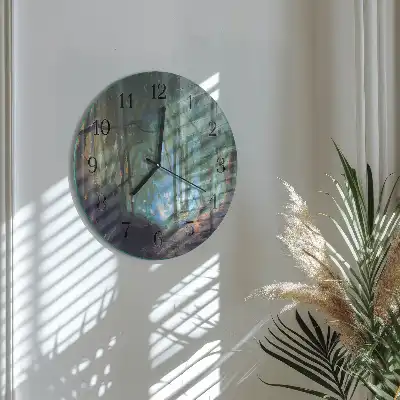 Kulaté skleněné hodiny na stěnu Mystický les