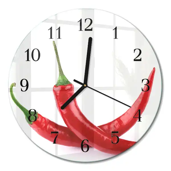 Kulaté skleněné hodiny na zeď Chilli papričky