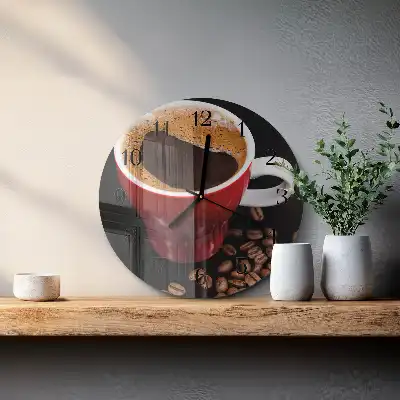 Kulaté skleněné hodiny na stěnu Šálek kávy