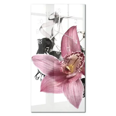 Svislé skleněné hodiny na stěnu Orchidej