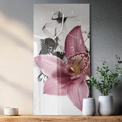 Svislé skleněné hodiny na stěnu Orchidej
