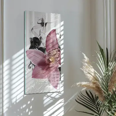 Svislé skleněné hodiny na stěnu Orchidej
