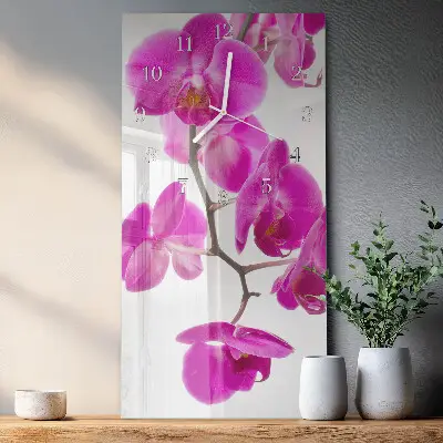 Svislé skleněné hodiny na stěnu Orchideje