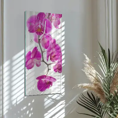 Svislé skleněné hodiny na stěnu Orchideje