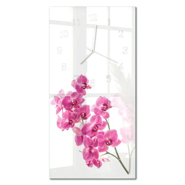 Svislé skleněné hodiny na stěnu Orchideje
