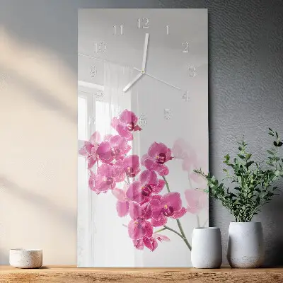Svislé skleněné hodiny na stěnu Orchideje