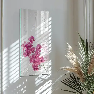 Svislé skleněné hodiny na stěnu Orchideje