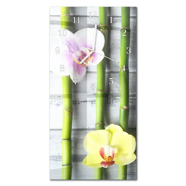 Svislé skleněné hodiny na stěnu Orchidejový bambus
