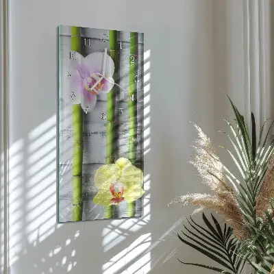Svislé skleněné hodiny na stěnu Orchidejový bambus