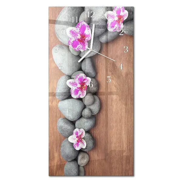 Svislé skleněné hodiny na stěnu Orchidejové kameny